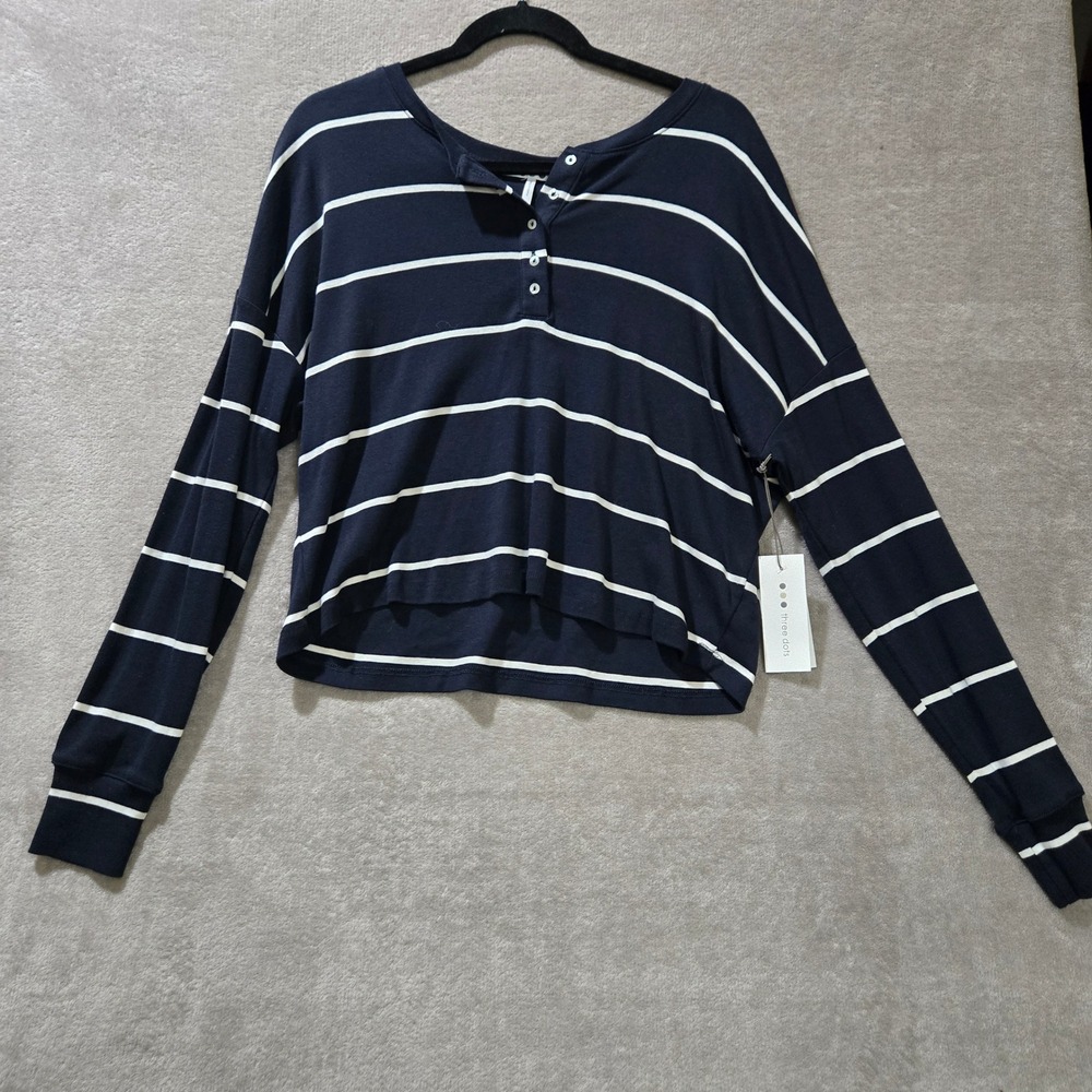 Three Dots Henley Top Women Medium Navy Nautical Coastal Casual Maine